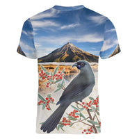 New Zealand Mount Taranaki Landscape Women V-Neck T-Shirt Kokako Bird Polynesian Style LT05 - Polynesian Pride