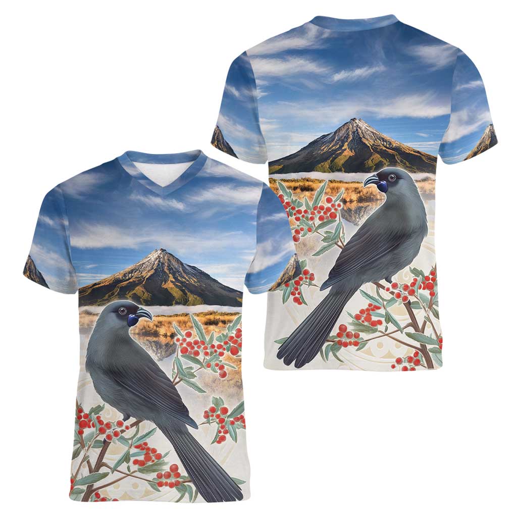 New Zealand Mount Taranaki Landscape Women V-Neck T-Shirt Kokako Bird Polynesian Style LT05 - Polynesian Pride