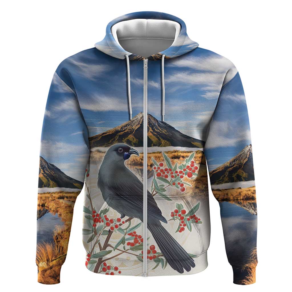 New Zealand Mount Taranaki Landscape Zip Hoodie Kokako Bird Polynesian Style LT05 Zip Hoodie Blue - Polynesian Pride
