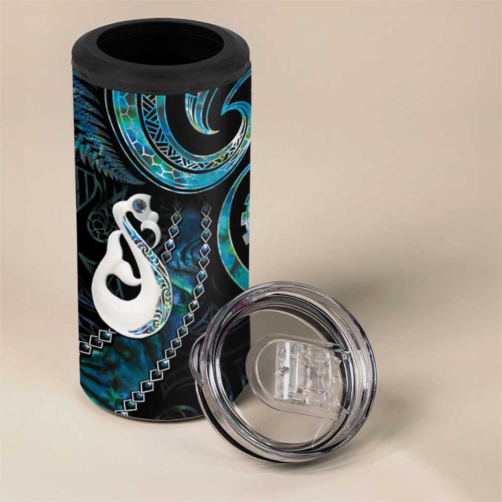 New Zealand Aotearoa 4 in 1 Can Cooler Tumbler Maori Manaia Paua Shell Glitter Turquoise