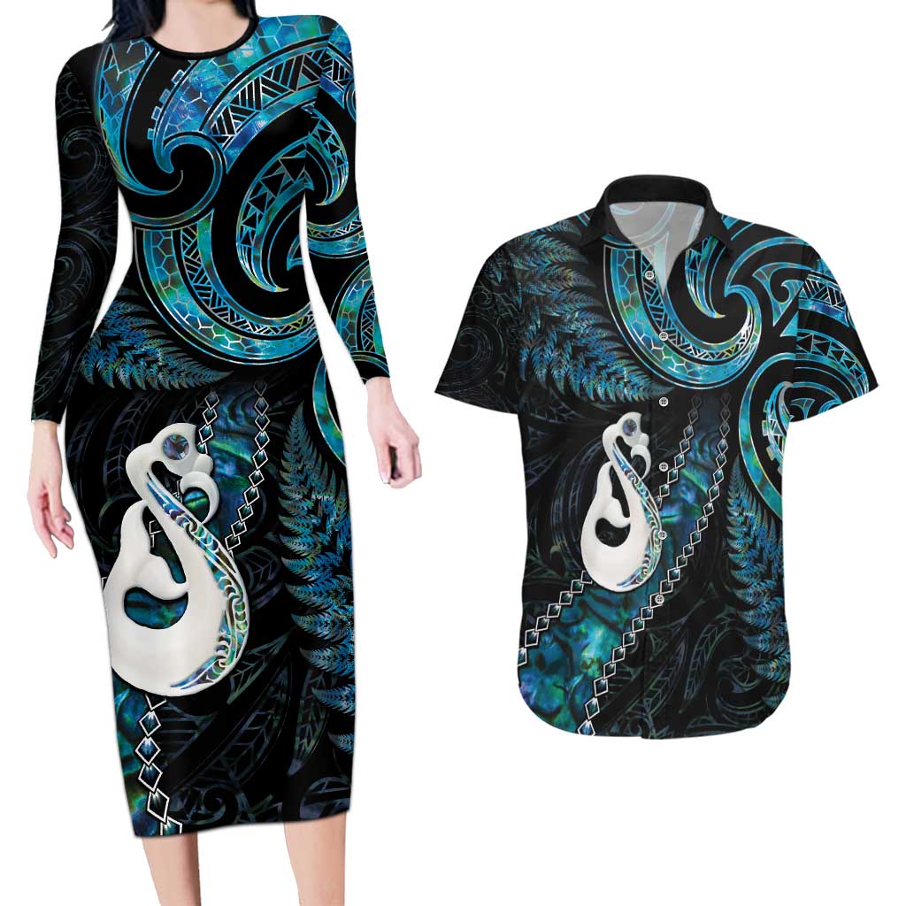 New Zealand Aotearoa Couples Matching Long Sleeve Bodycon Dress and Hawaiian Shirt Maori Manaia Paua Shell Glitter Turquoise