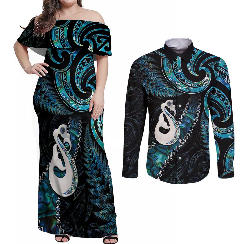 New Zealand Aotearoa Couples Matching Off Shoulder Maxi Dress and Long Sleeve Button Shirt Maori Manaia Paua Shell Glitter Turquoise