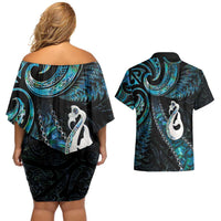 New Zealand Aotearoa Couples Matching Off Shoulder Short Dress and Hawaiian Shirt Maori Manaia Paua Shell Glitter Turquoise