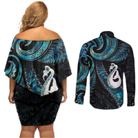 New Zealand Aotearoa Couples Matching Off Shoulder Short Dress and Long Sleeve Button Shirt Maori Manaia Paua Shell Glitter Turquoise