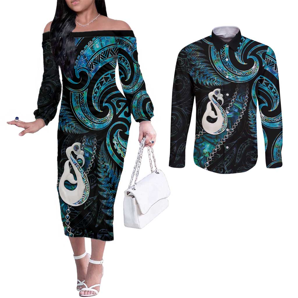 New Zealand Aotearoa Couples Matching Off The Shoulder Long Sleeve Dress and Long Sleeve Button Shirt Maori Manaia Paua Shell Glitter Turquoise