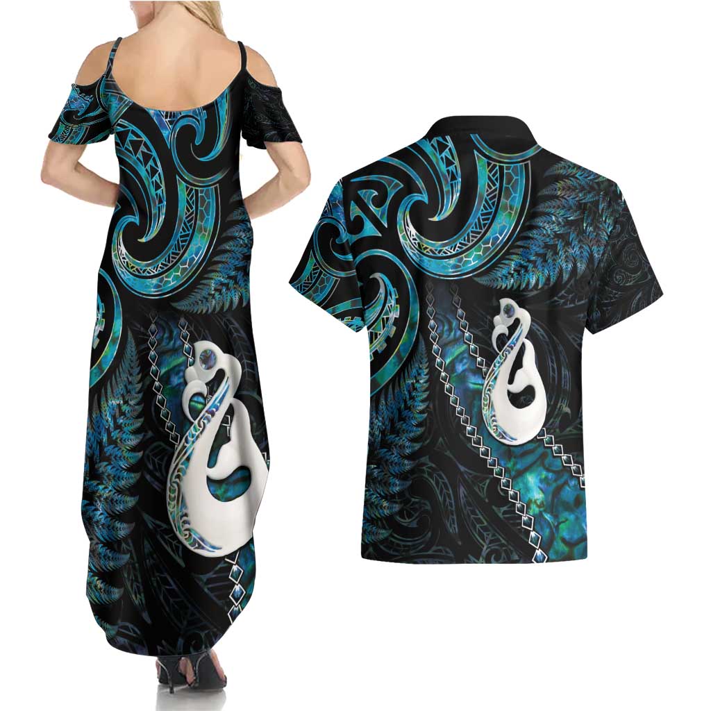 New Zealand Aotearoa Couples Matching Summer Maxi Dress and Hawaiian Shirt Maori Manaia Paua Shell Glitter Turquoise