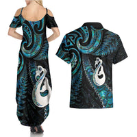 New Zealand Aotearoa Couples Matching Summer Maxi Dress and Hawaiian Shirt Maori Manaia Paua Shell Glitter Turquoise