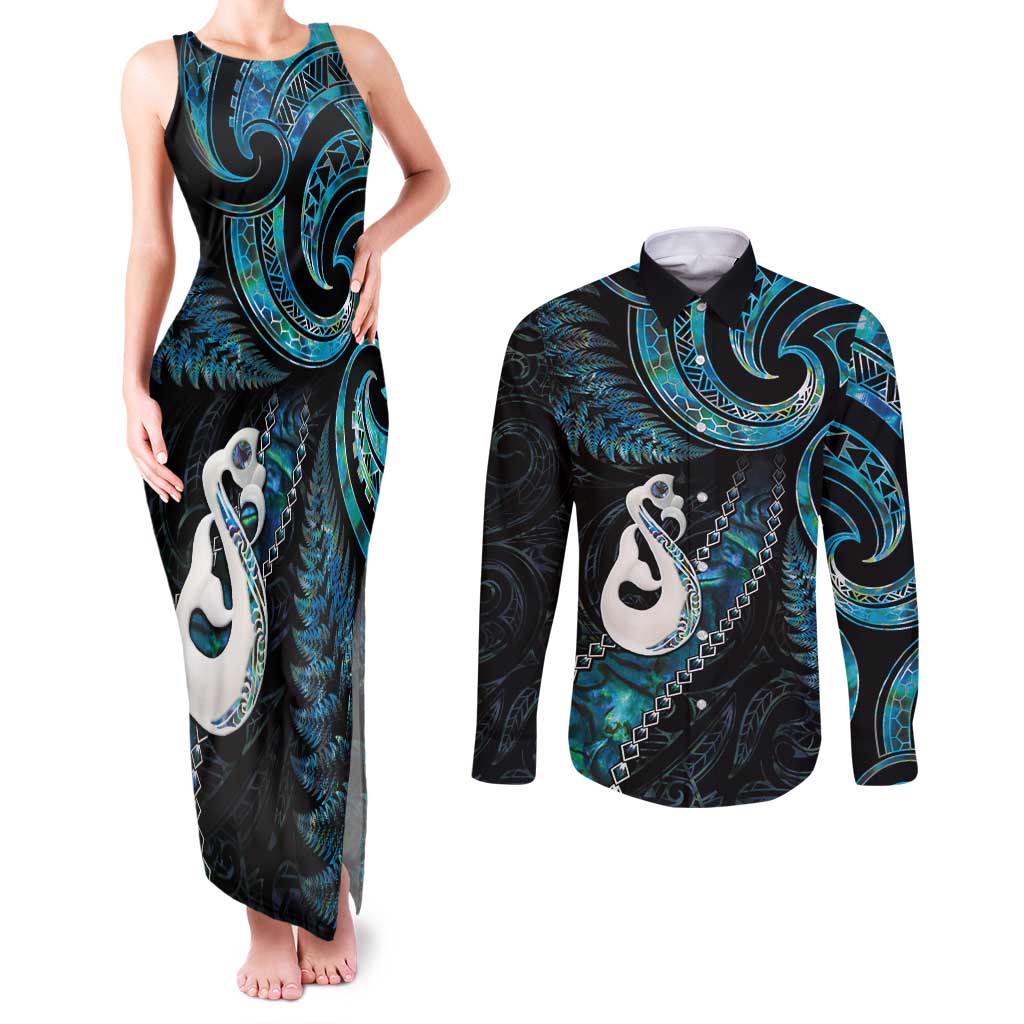 New Zealand Aotearoa Couples Matching Tank Maxi Dress and Long Sleeve Button Shirt Maori Manaia Paua Shell Glitter Turquoise