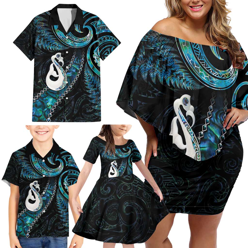 New Zealand Aotearoa Family Matching Off Shoulder Short Dress and Hawaiian Shirt Maori Manaia Paua Shell Glitter Turquoise LT05 - Polynesian Pride