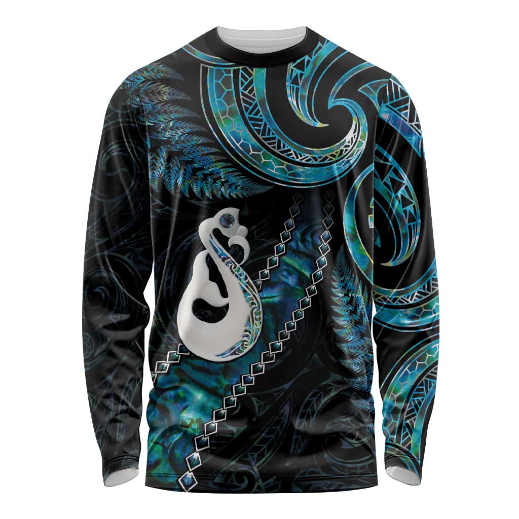 New Zealand Aotearoa Long Sleeve Shirt Maori Manaia Paua Shell Glitter Turquoise