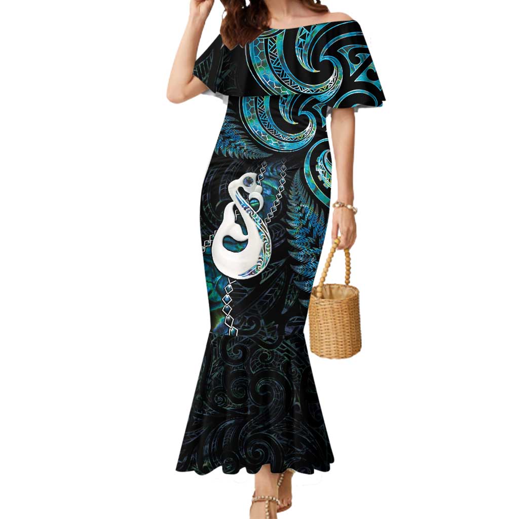 New Zealand Aotearoa Mermaid Dress Maori Manaia Paua Shell Glitter Turquoise