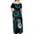 New Zealand Aotearoa Off Shoulder Maxi Dress Maori Manaia Paua Shell Glitter Turquoise