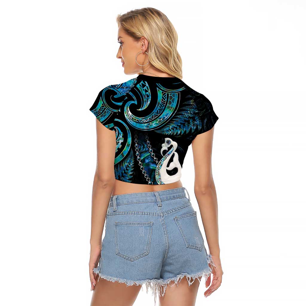New Zealand Aotearoa Raglan Cropped T Shirt Maori Manaia Paua Shell Glitter Turquoise