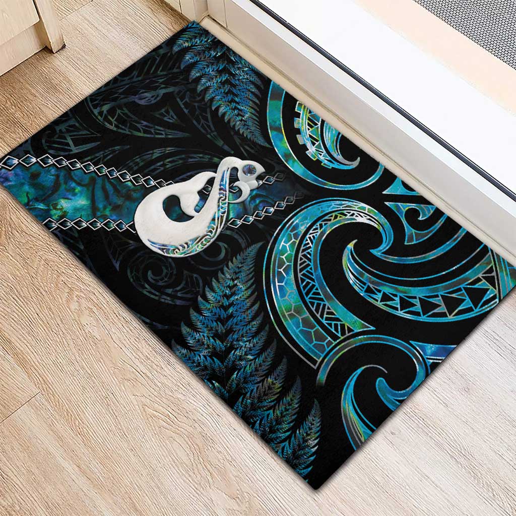 New Zealand Aotearoa Rubber Doormat Maori Manaia Paua Shell Glitter Turquoise