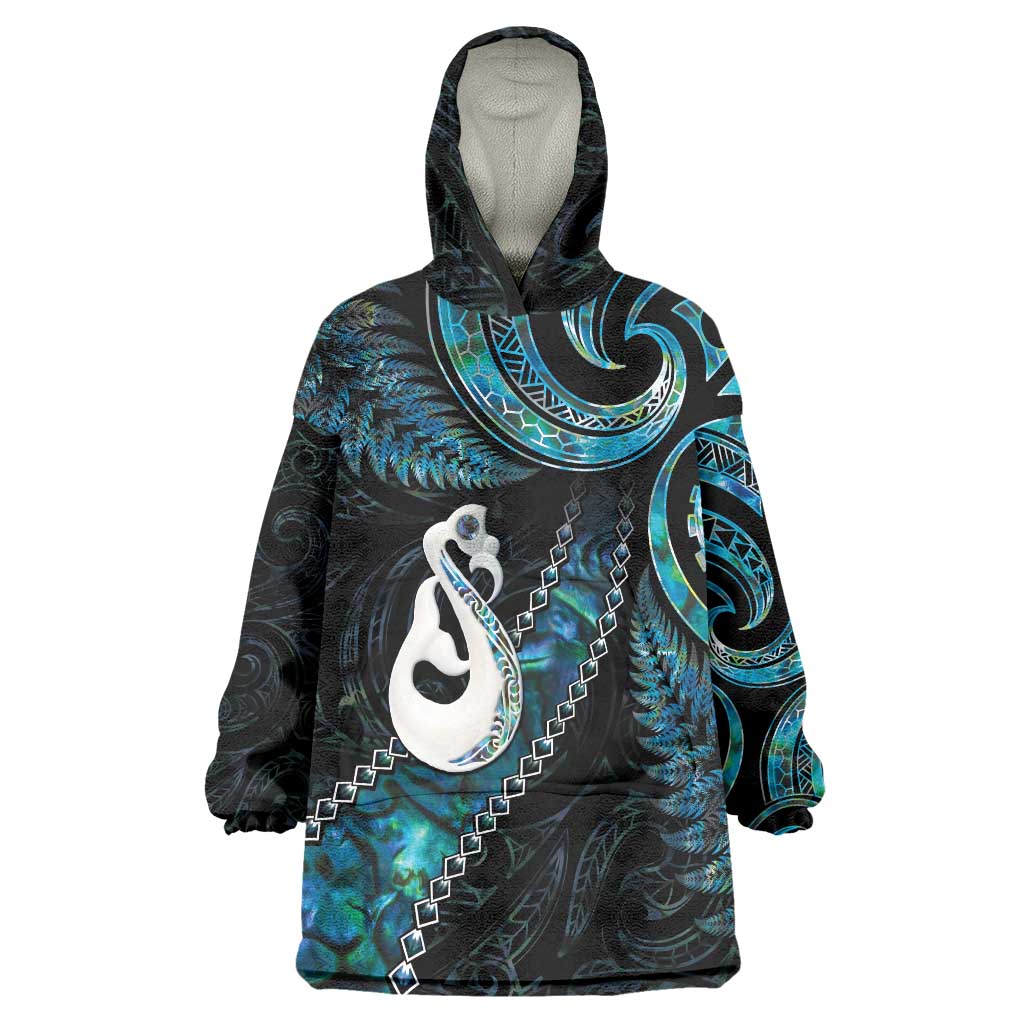 New Zealand Aotearoa Wearable Blanket Hoodie Maori Manaia Paua Shell Glitter Turquoise