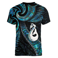 New Zealand Aotearoa Women V-Neck T-Shirt Maori Manaia Paua Shell Glitter Turquoise LT05 - Polynesian Pride