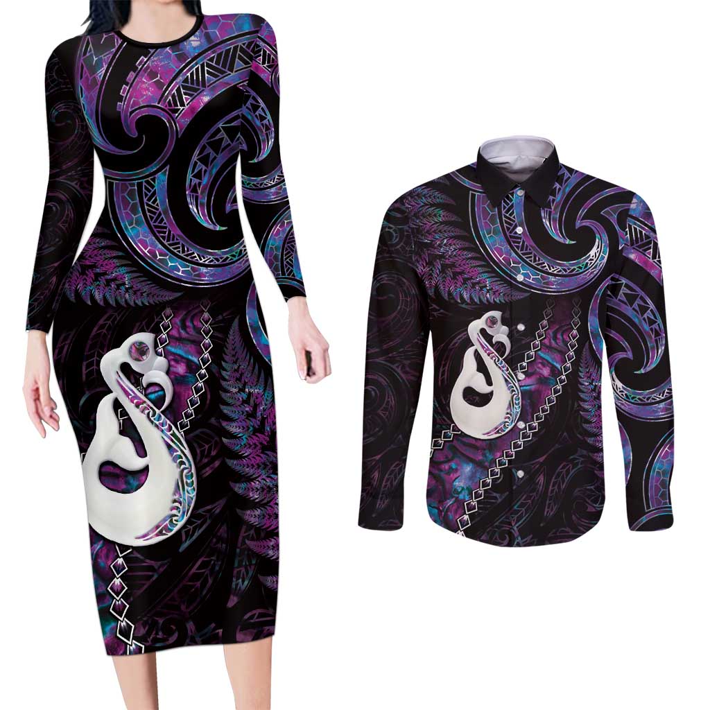 New Zealand Aotearoa Couples Matching Long Sleeve Bodycon Dress and Long Sleeve Button Shirt Maori Manaia Paua Shell Glitter Purple