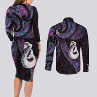 New Zealand Aotearoa Couples Matching Long Sleeve Bodycon Dress and Long Sleeve Button Shirt Maori Manaia Paua Shell Glitter Purple