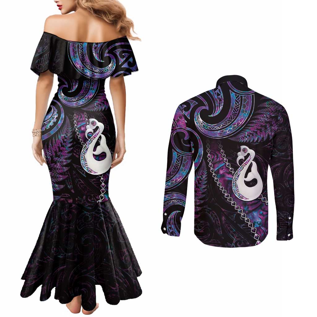 New Zealand Aotearoa Couples Matching Mermaid Dress and Long Sleeve Button Shirt Maori Manaia Paua Shell Glitter Purple