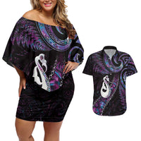 New Zealand Aotearoa Couples Matching Off Shoulder Short Dress and Hawaiian Shirt Maori Manaia Paua Shell Glitter Purple