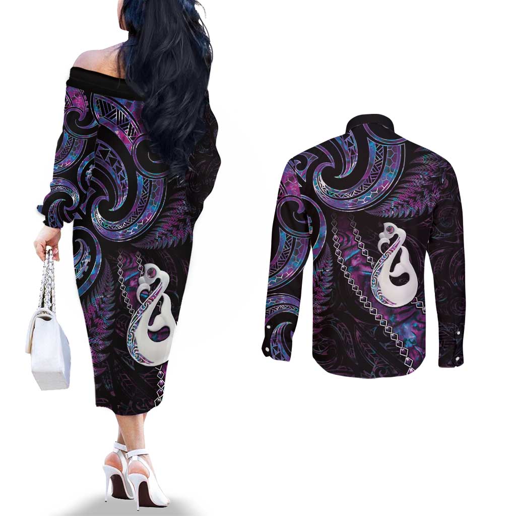 New Zealand Aotearoa Couples Matching Off The Shoulder Long Sleeve Dress and Long Sleeve Button Shirt Maori Manaia Paua Shell Glitter Purple