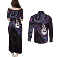 New Zealand Aotearoa Couples Matching Puletasi and Long Sleeve Button Shirt Maori Manaia Paua Shell Glitter Purple