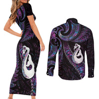 New Zealand Aotearoa Couples Matching Short Sleeve Bodycon Dress and Long Sleeve Button Shirt Maori Manaia Paua Shell Glitter Purple