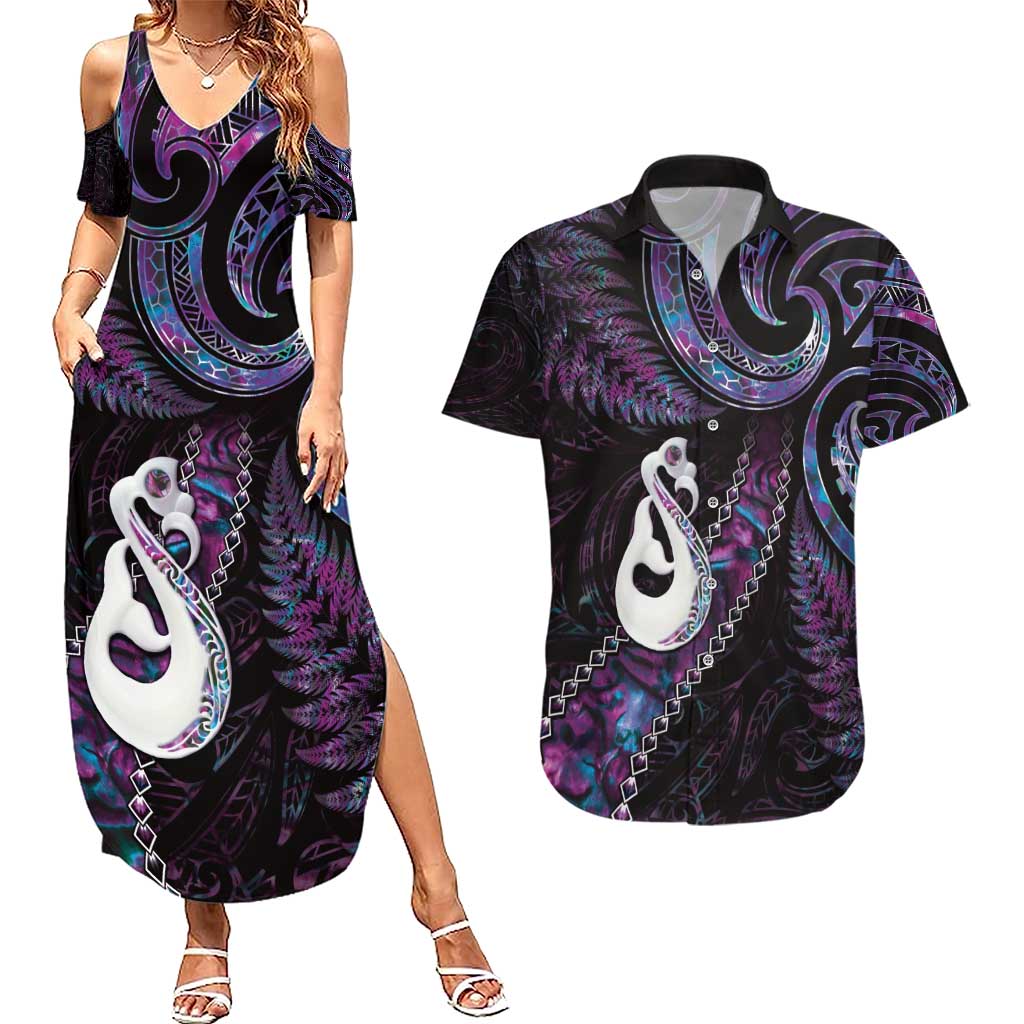 New Zealand Aotearoa Couples Matching Summer Maxi Dress and Hawaiian Shirt Maori Manaia Paua Shell Glitter Purple