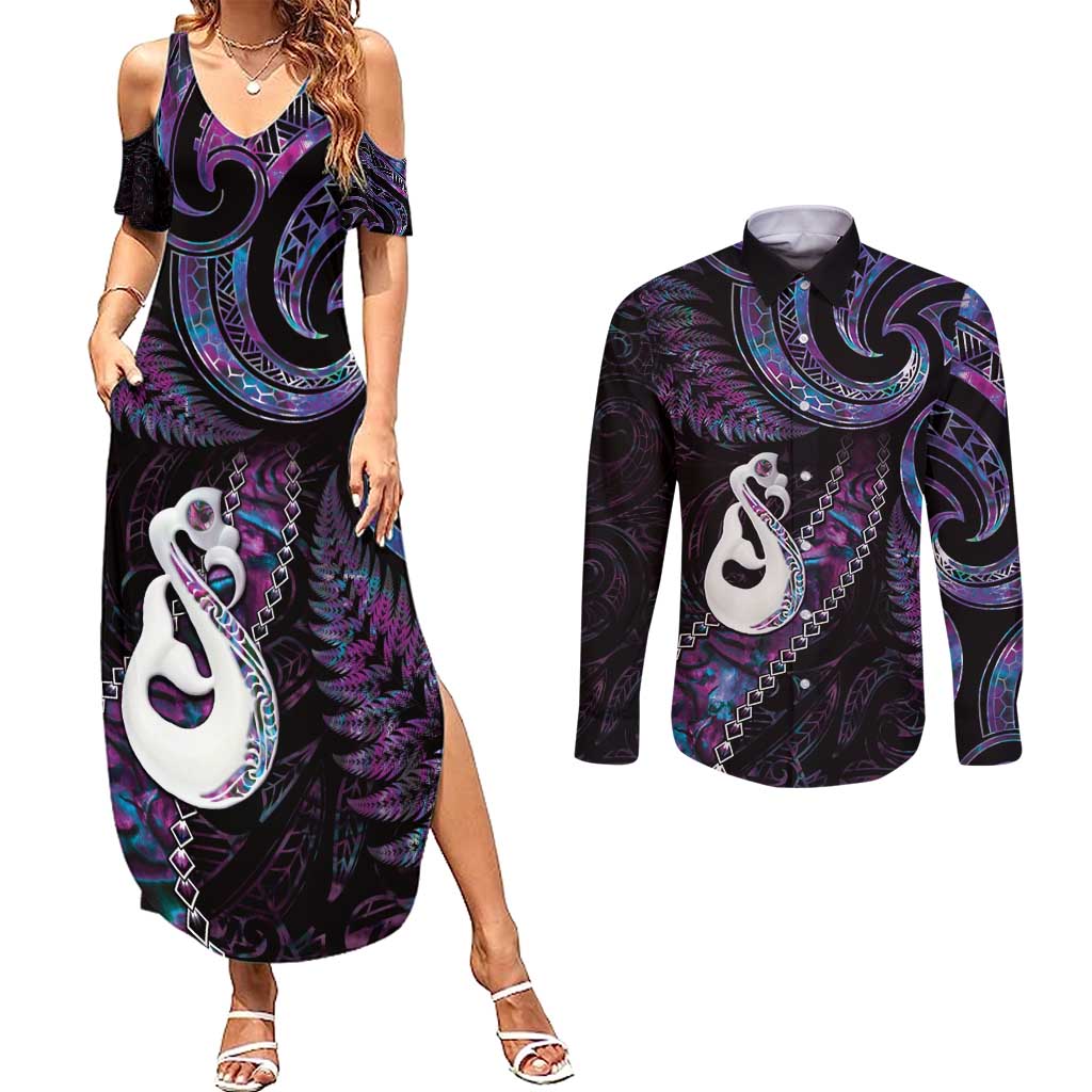New Zealand Aotearoa Couples Matching Summer Maxi Dress and Long Sleeve Button Shirt Maori Manaia Paua Shell Glitter Purple