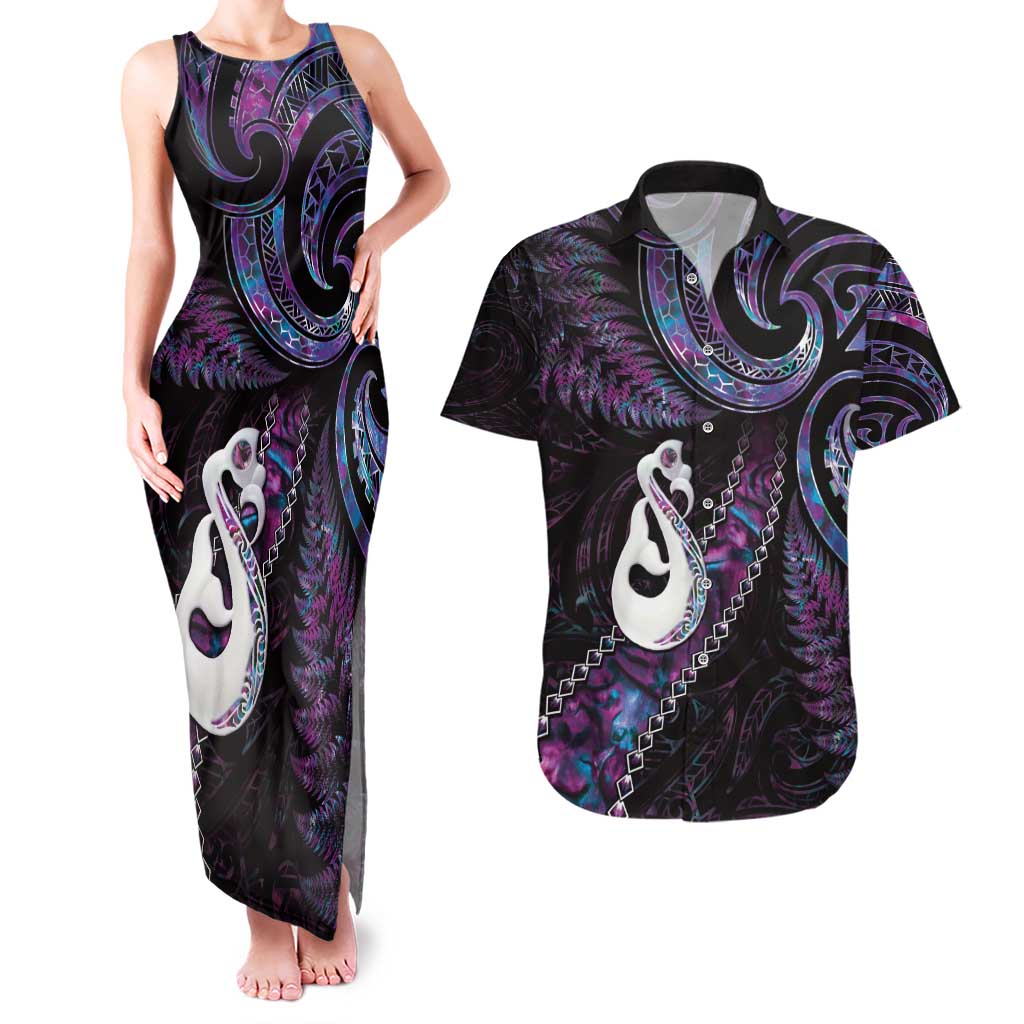 New Zealand Aotearoa Couples Matching Tank Maxi Dress and Hawaiian Shirt Maori Manaia Paua Shell Glitter Purple