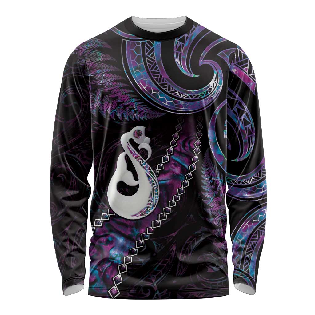 New Zealand Aotearoa Long Sleeve Shirt Maori Manaia Paua Shell Glitter Purple