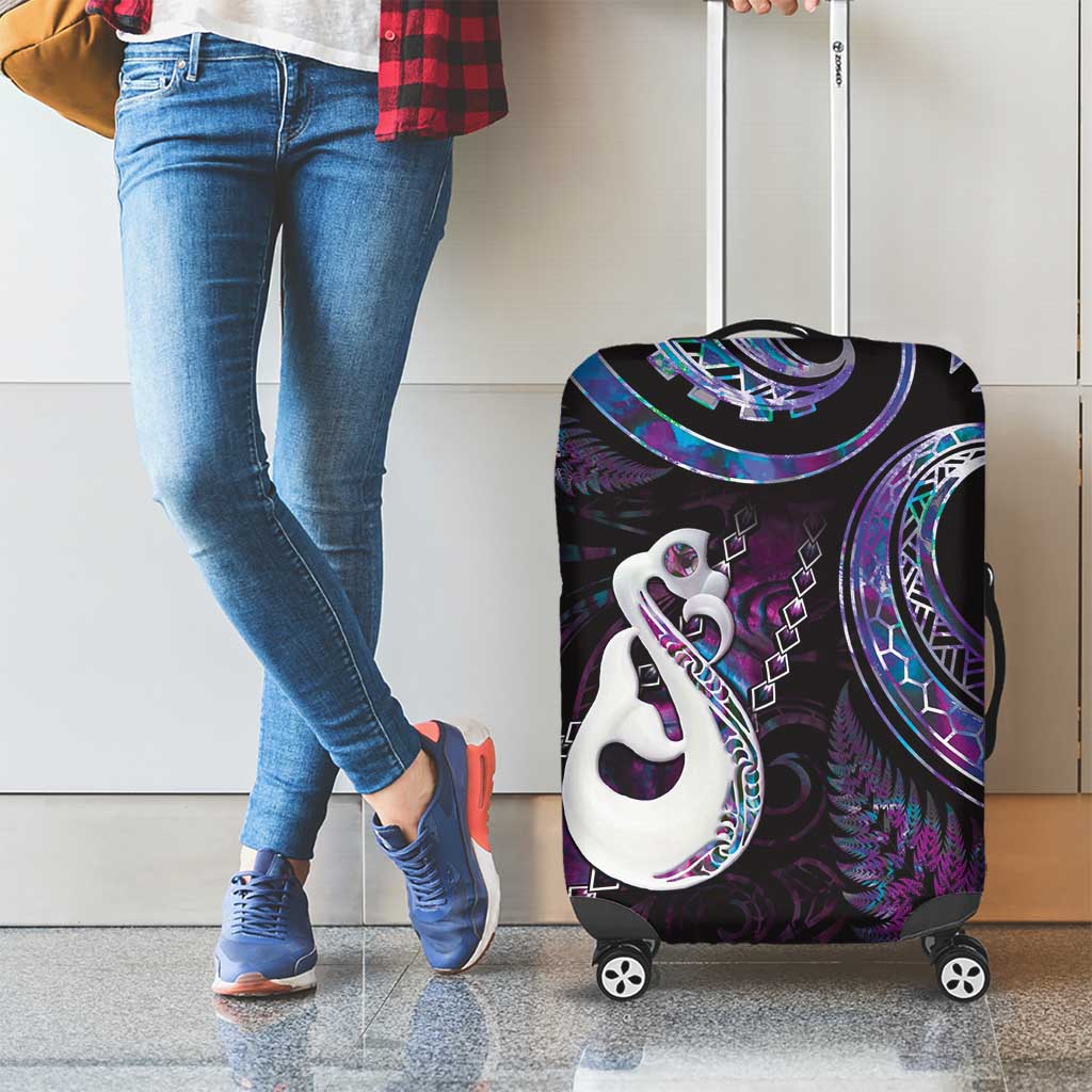 New Zealand Aotearoa Luggage Cover Maori Manaia Paua Shell Glitter Purple