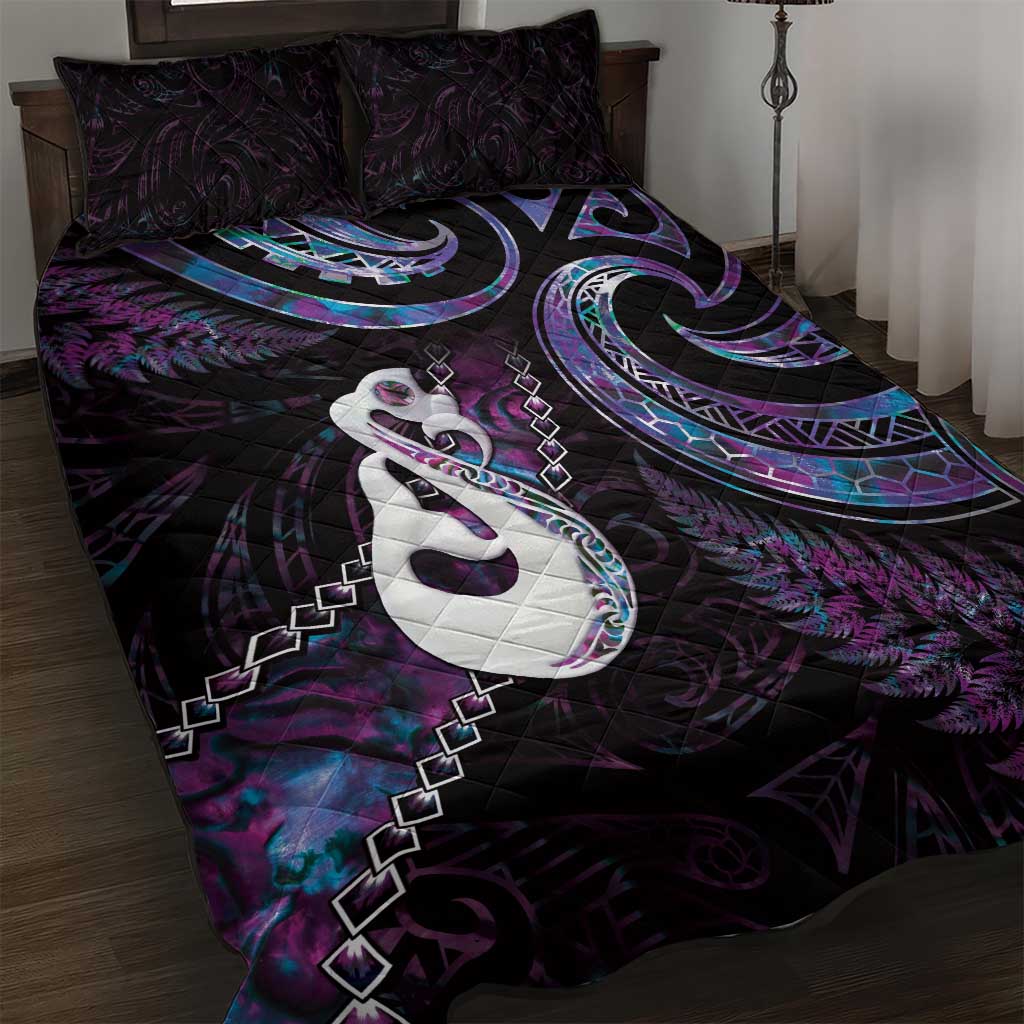 New Zealand Aotearoa Quilt Bed Set Maori Manaia Paua Shell Glitter Purple