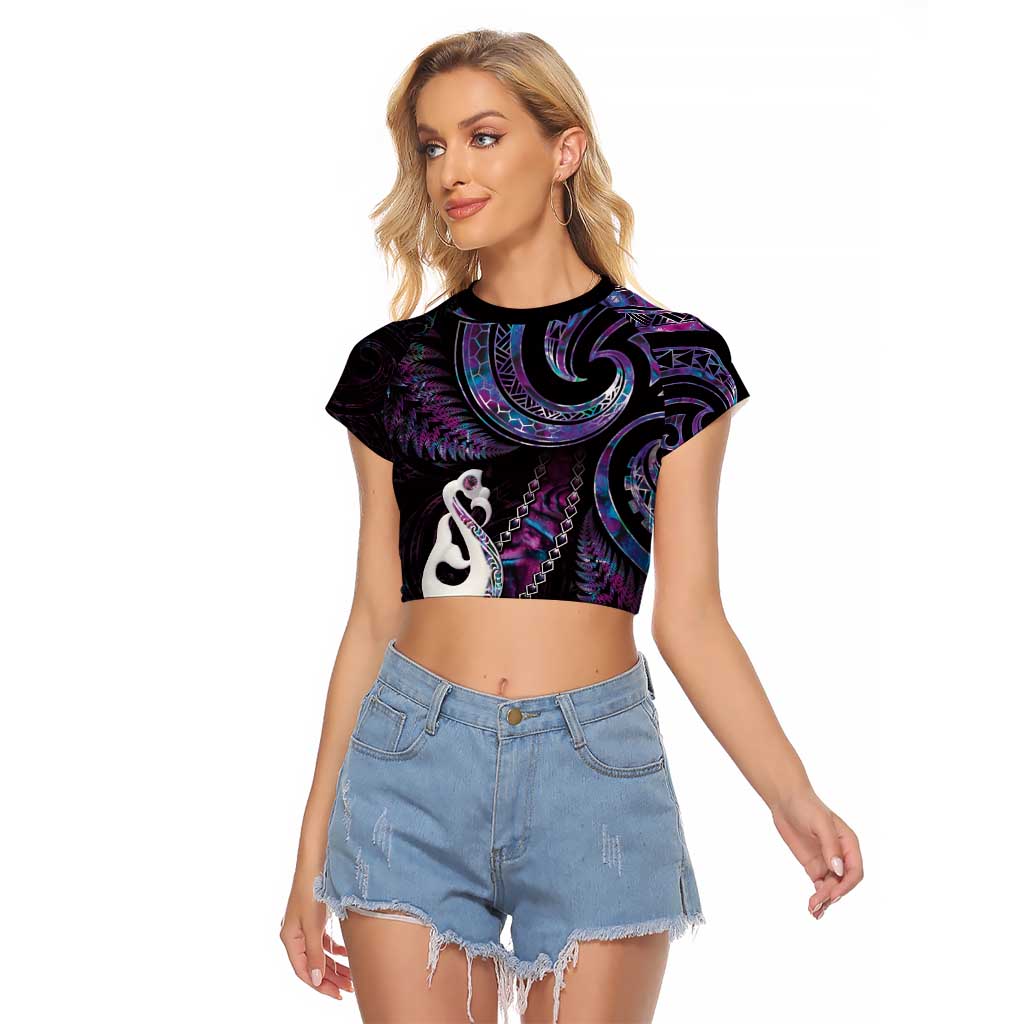 New Zealand Aotearoa Raglan Cropped T Shirt Maori Manaia Paua Shell Glitter Purple