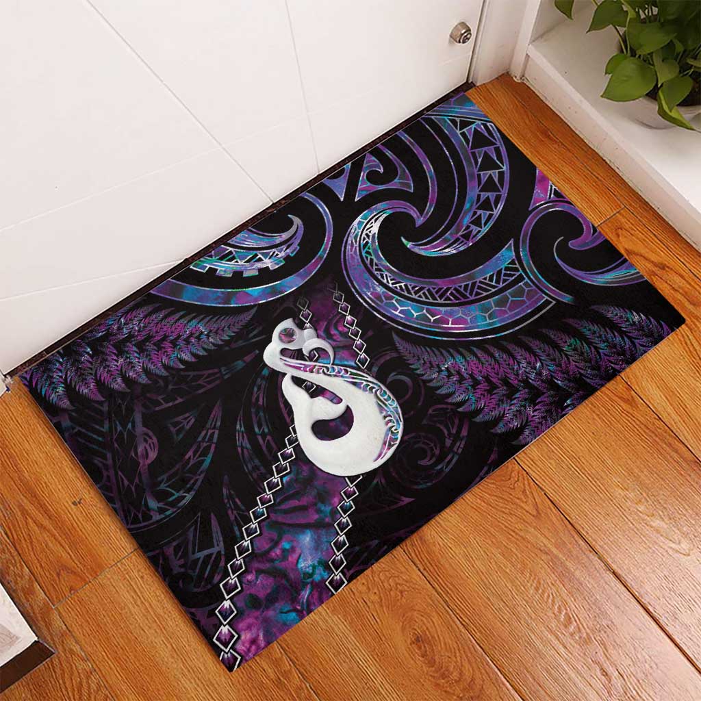 New Zealand Aotearoa Rubber Doormat Maori Manaia Paua Shell Glitter Purple