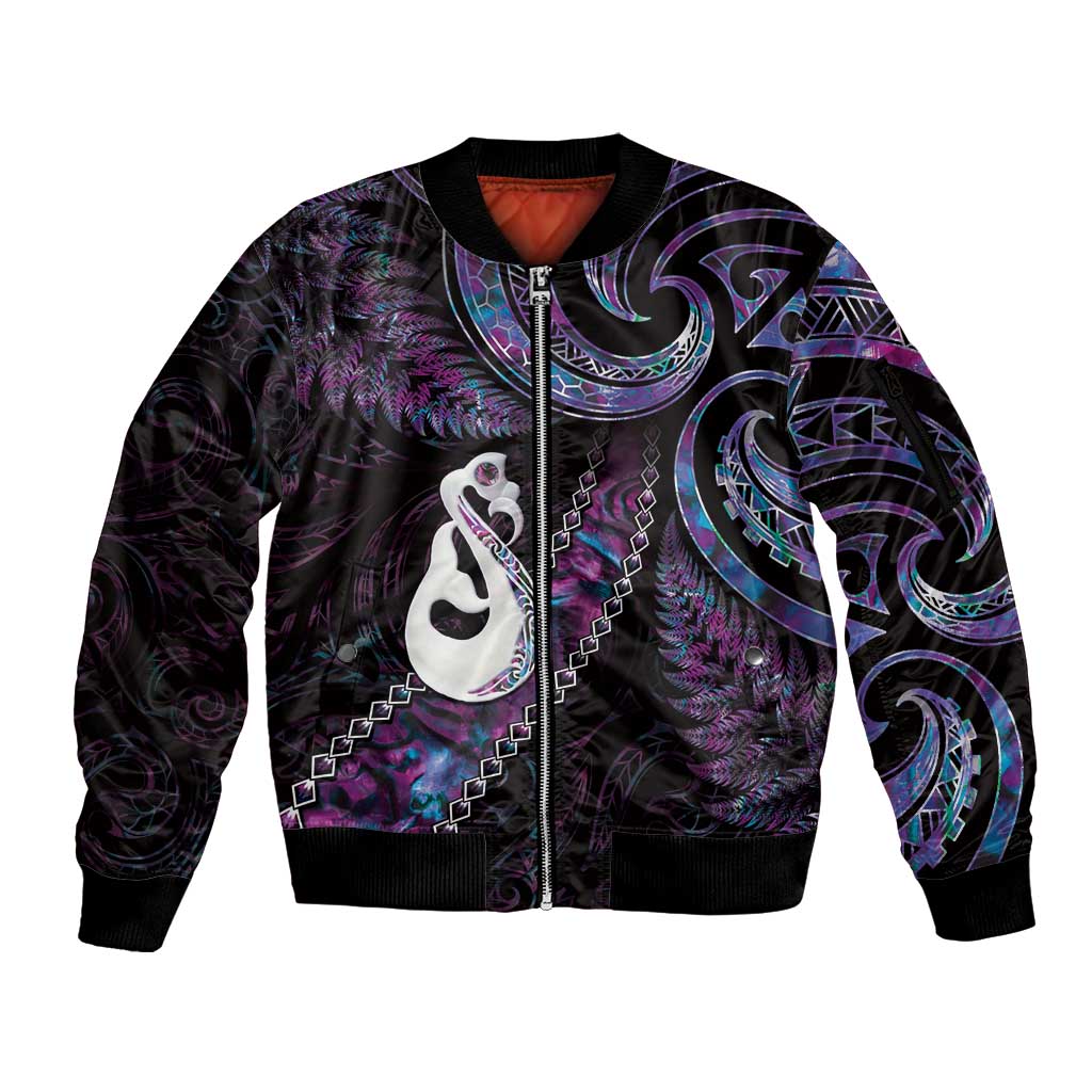 New Zealand Aotearoa Sleeve Zip Bomber Jacket Maori Manaia Paua Shell Glitter Purple