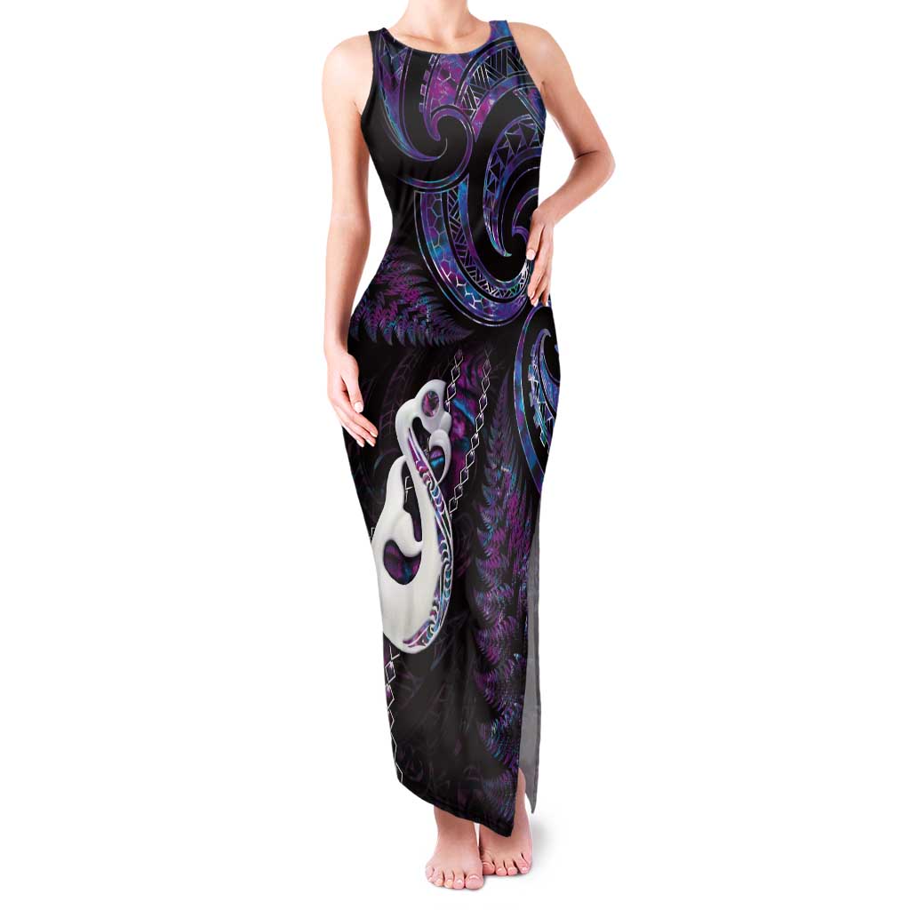 New Zealand Aotearoa Tank Maxi Dress Maori Manaia Paua Shell Glitter Purple