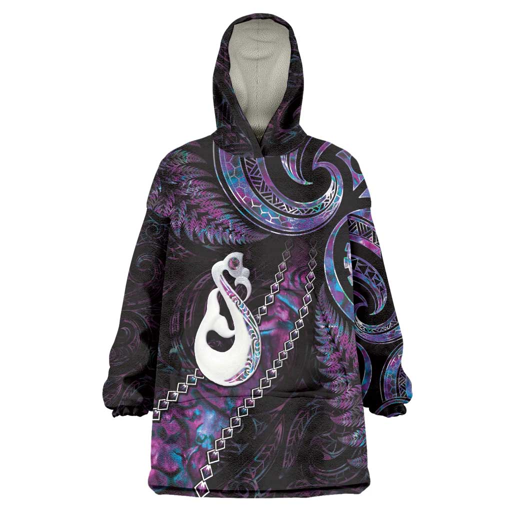 New Zealand Aotearoa Wearable Blanket Hoodie Maori Manaia Paua Shell Glitter Purple