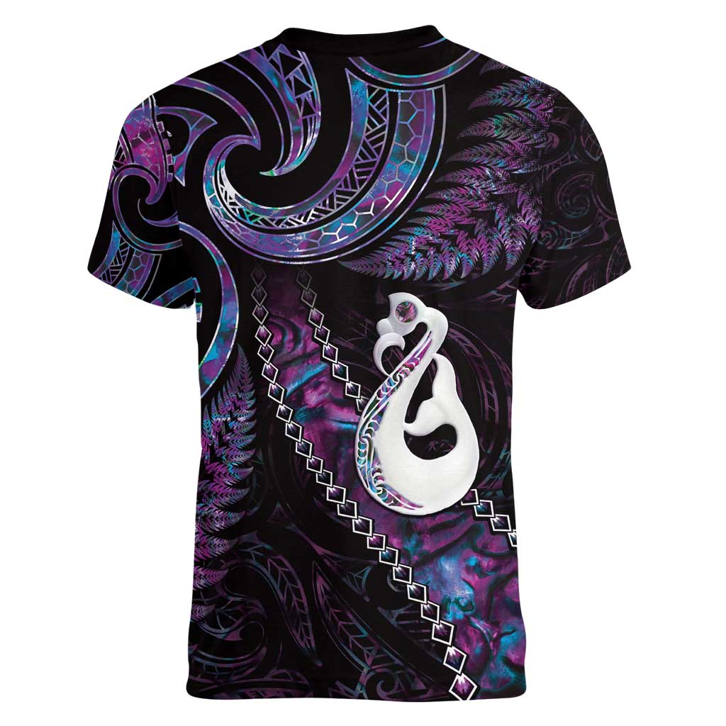 New Zealand Aotearoa Women V-Neck T-Shirt Maori Manaia Paua Shell Glitter Purple LT05 - Polynesian Pride