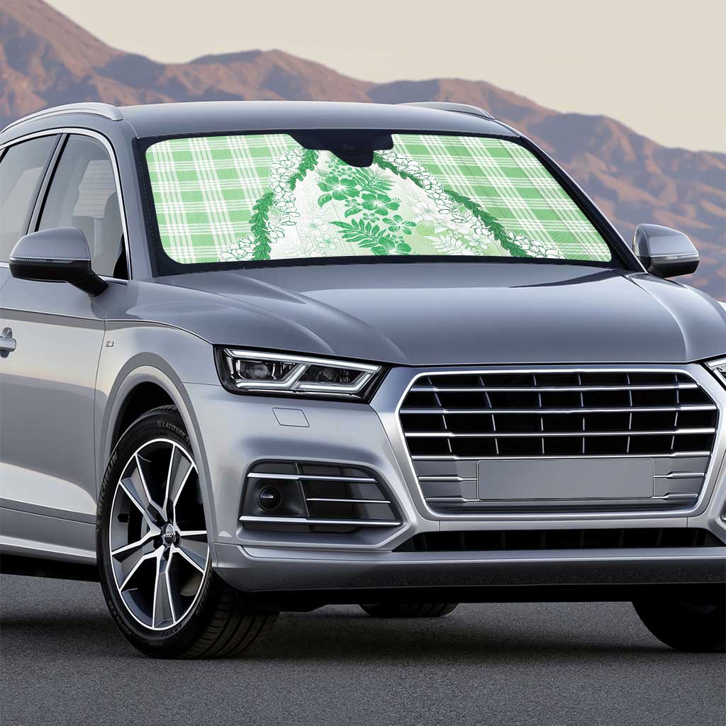Aloha Hawaii Palaka Auto Sun Shade Green Plumeria Lei - Polynesian Pride