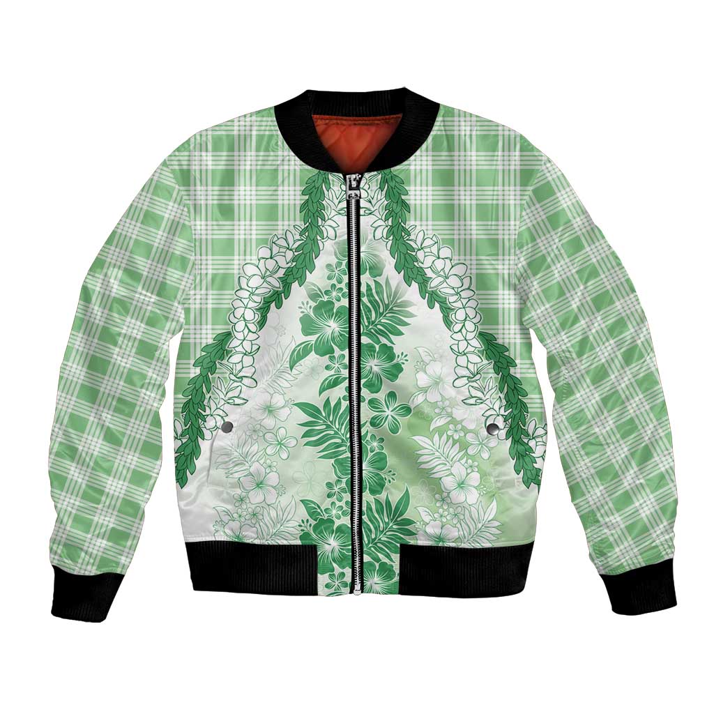 Aloha Hawaii Palaka Bomber Jacket Green Plumeria Lei - Polynesian Pride
