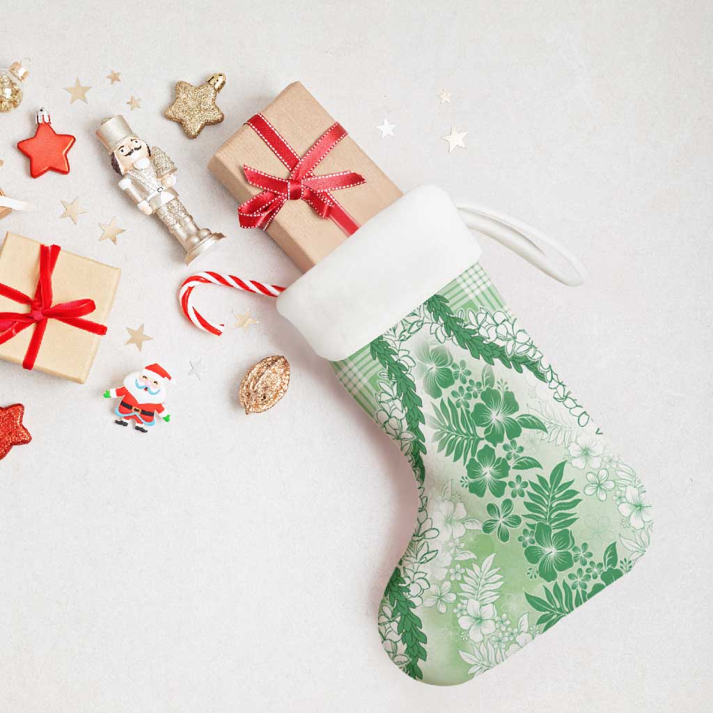 Aloha Hawaii Palaka Christmas Stocking Green Plumeria Lei - Polynesian Pride