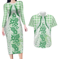 Aloha Hawaii Palaka Couples Matching Long Sleeve Bodycon Dress and Hawaiian Shirt Green Plumeria Lei - Polynesian Pride