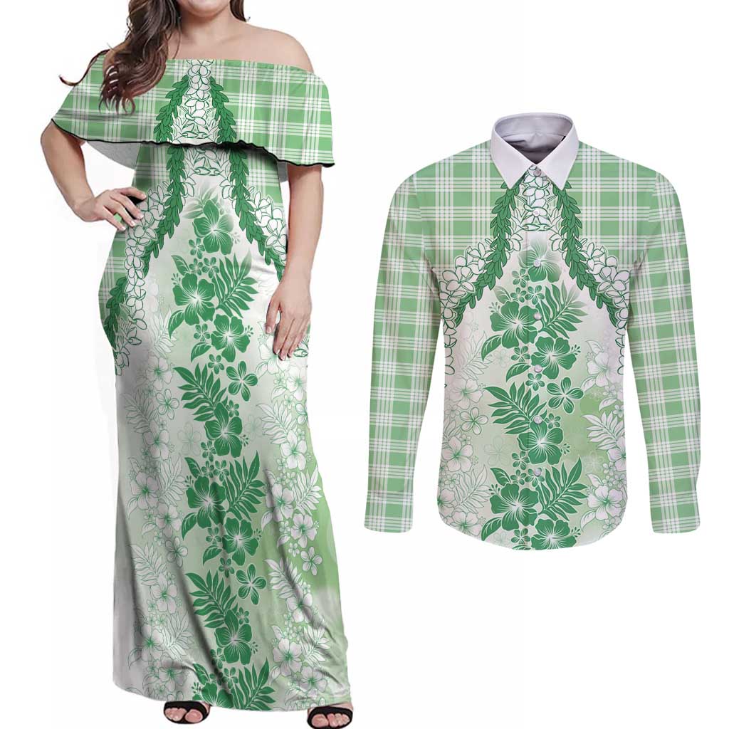 Aloha Hawaii Palaka Couples Matching Off Shoulder Maxi Dress and Long Sleeve Button Shirt Green Plumeria Lei - Polynesian Pride