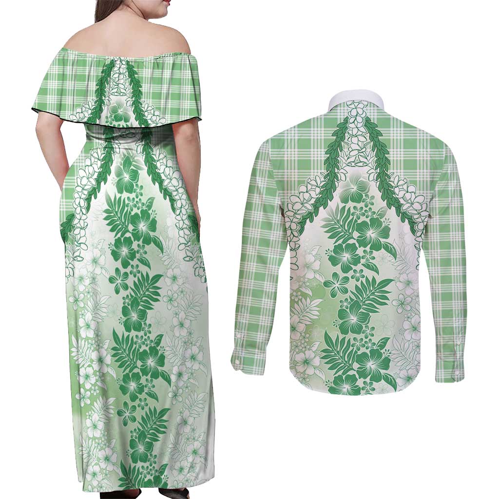 Aloha Hawaii Palaka Couples Matching Off Shoulder Maxi Dress and Long Sleeve Button Shirt Green Plumeria Lei - Polynesian Pride