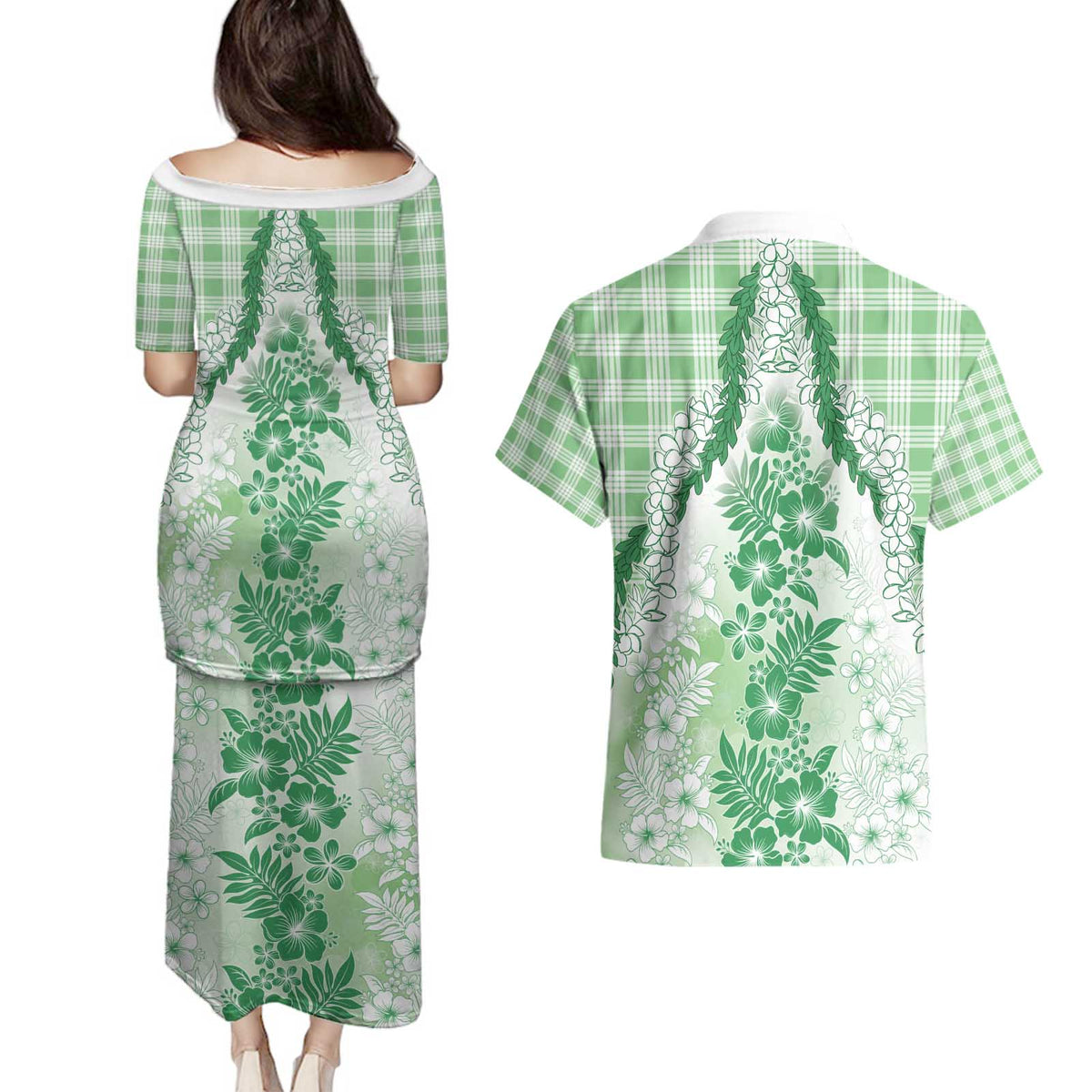 Aloha Hawaii Palaka Couples Matching Puletasi and Hawaiian Shirt Green Plumeria Lei - Polynesian Pride