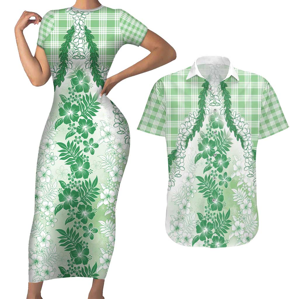 Aloha Hawaii Palaka Couples Matching Short Sleeve Bodycon Dress and Hawaiian Shirt Green Plumeria Lei - Polynesian Pride