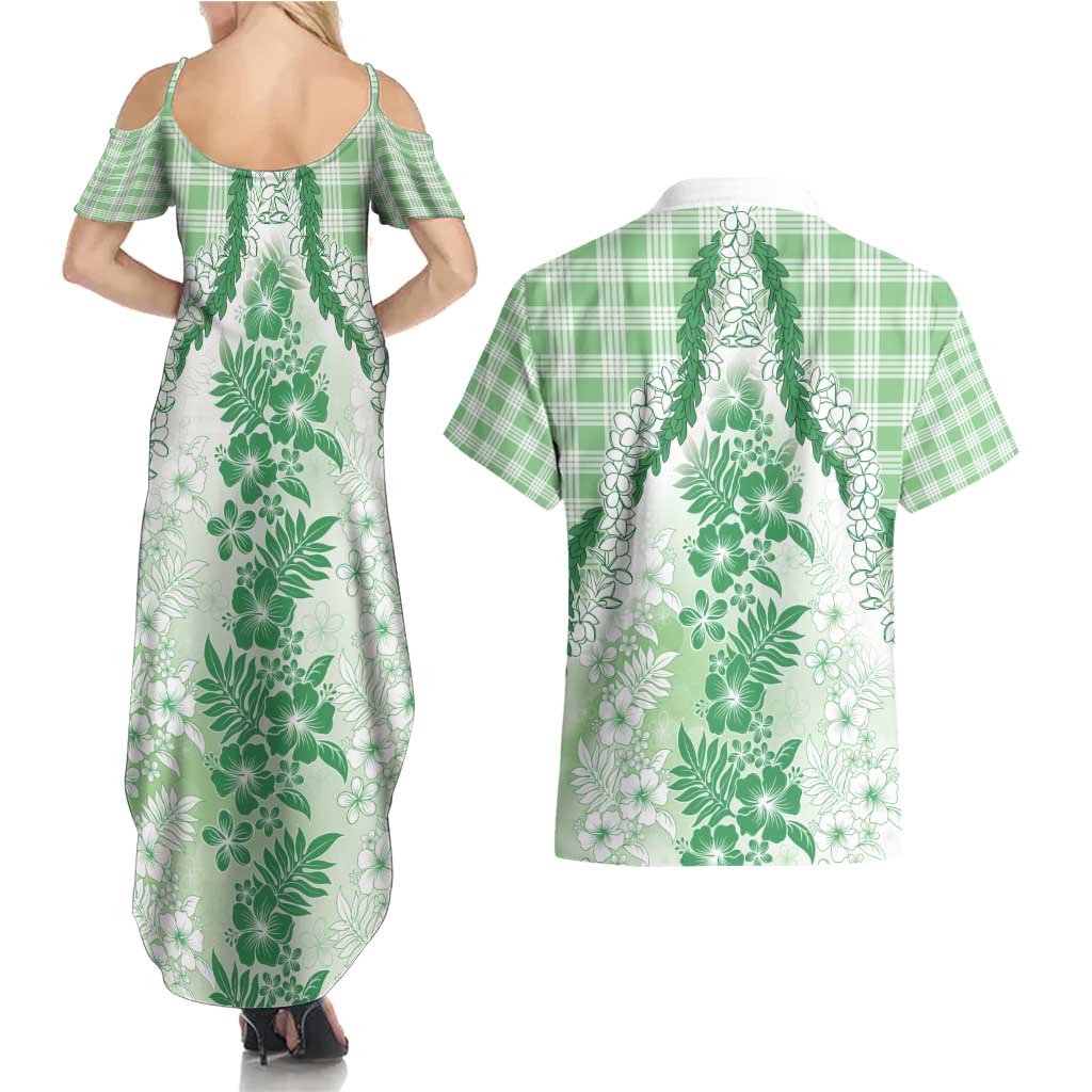 Aloha Hawaii Palaka Couples Matching Summer Maxi Dress and Hawaiian Shirt Green Plumeria Lei - Polynesian Pride