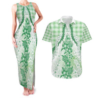 Aloha Hawaii Palaka Couples Matching Tank Maxi Dress and Hawaiian Shirt Green Plumeria Lei - Polynesian Pride