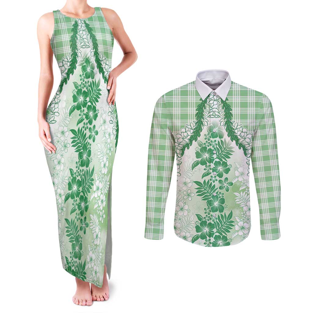 Aloha Hawaii Palaka Couples Matching Tank Maxi Dress and Long Sleeve Button Shirt Green Plumeria Lei - Polynesian Pride